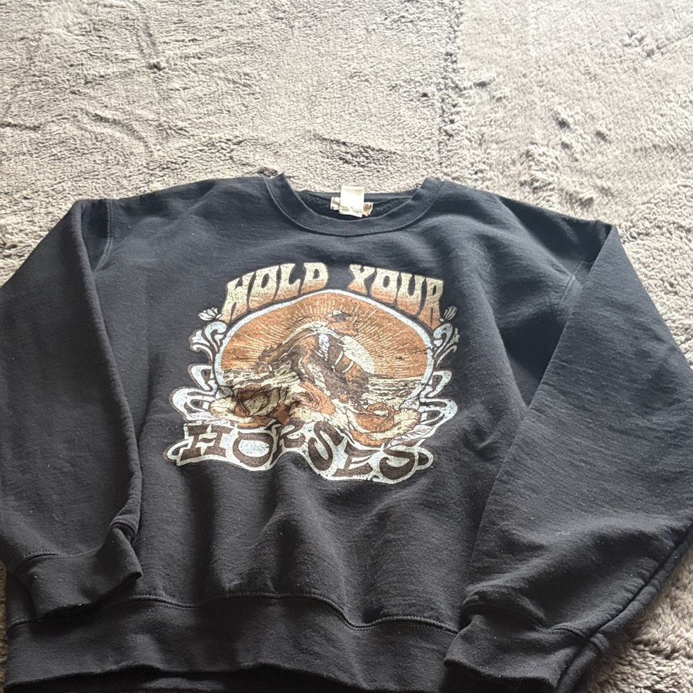Altar'd State Black Graphic Crewneck Sweatshirt with Brown & Cream Horse Motif